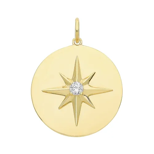 9ct Yellow Gold Cz Northern Star Disk Pendant 17mm